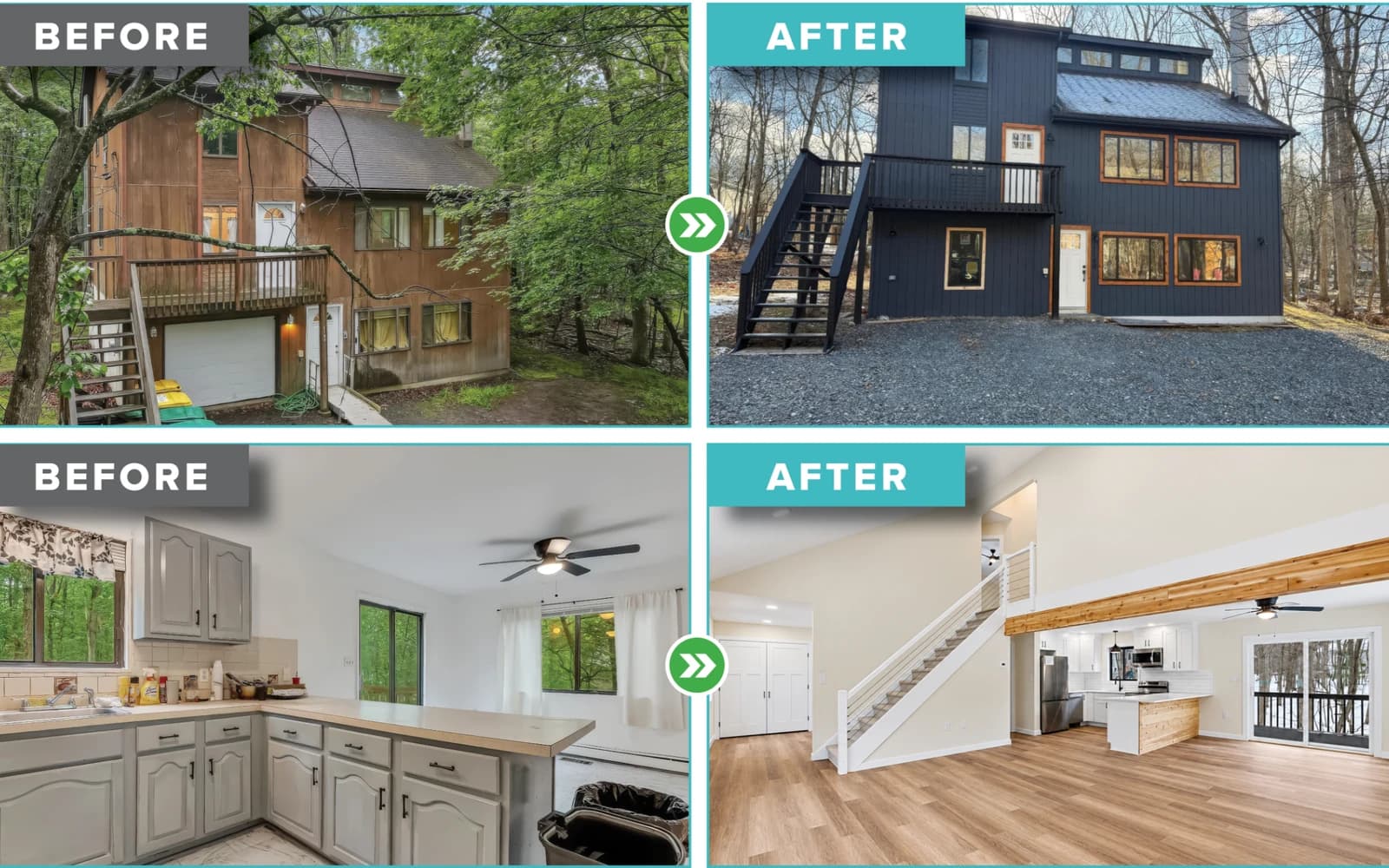 Before and after photos of the exterior and kitchen of a Kempton, Pennsylvania investment property renovated with Kaplan Lending financing