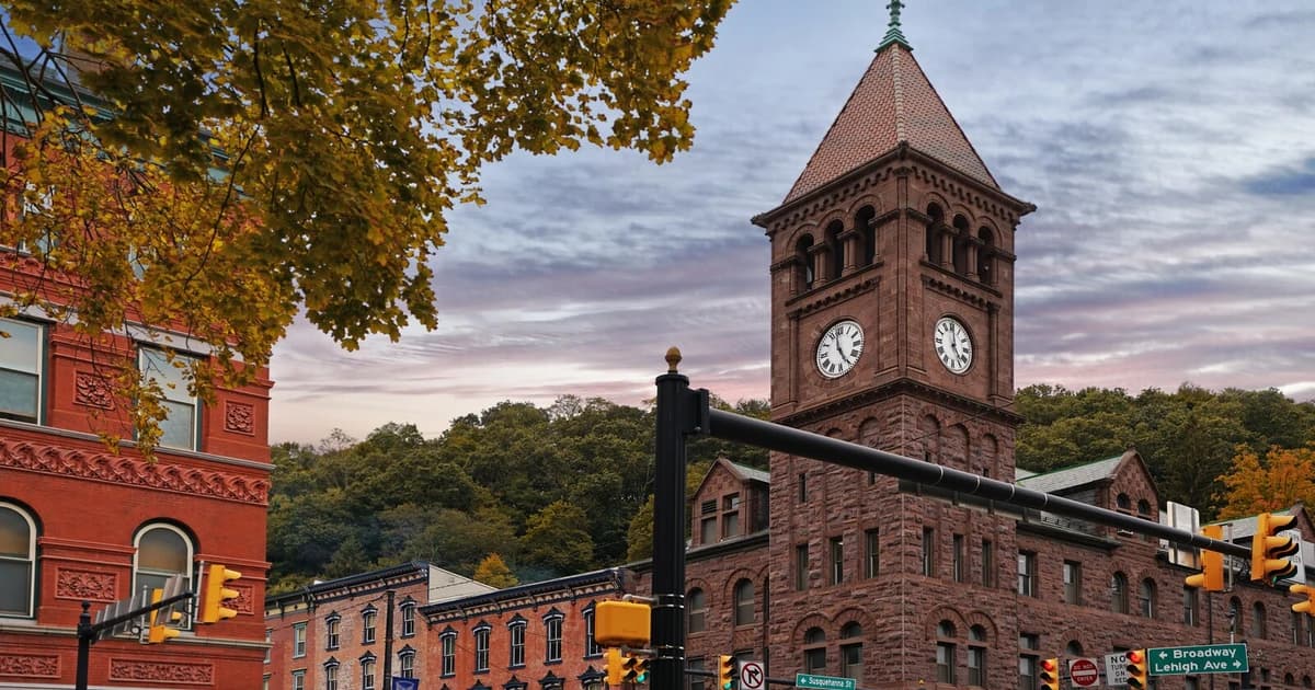 Downtown Poconos Pennsylvania street with historic buildings, illustrating fix and flip investment projects in the region